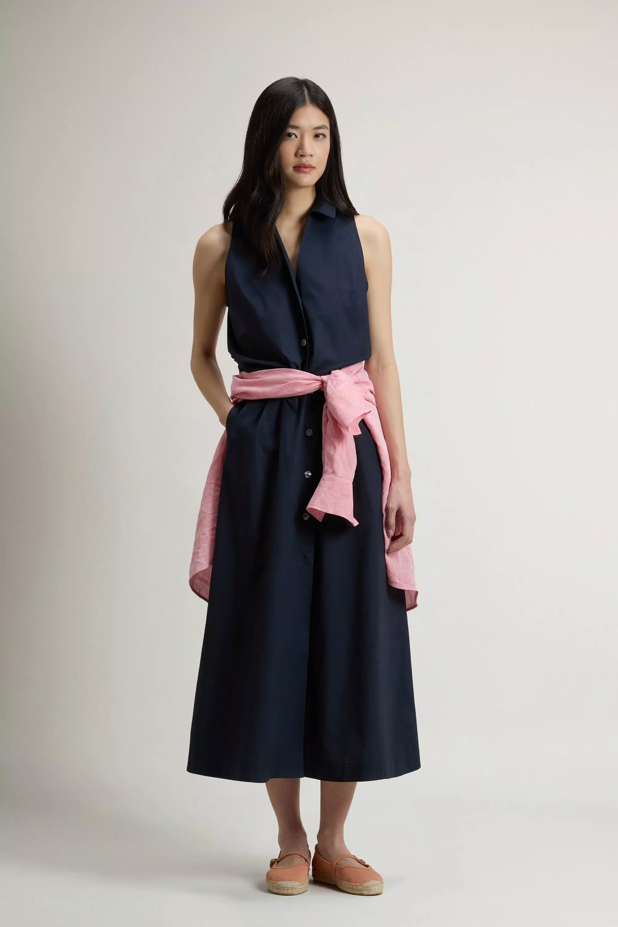 Vestido Camisa em Popeline de Algodão Puro com Cinto - Azul Melton