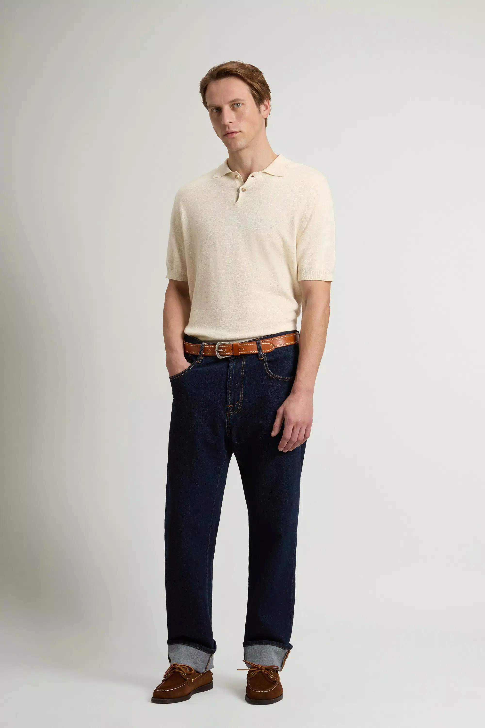 Camisola Polo em Mistura de Algodão e Linho Tecido - Melange Creme Leite