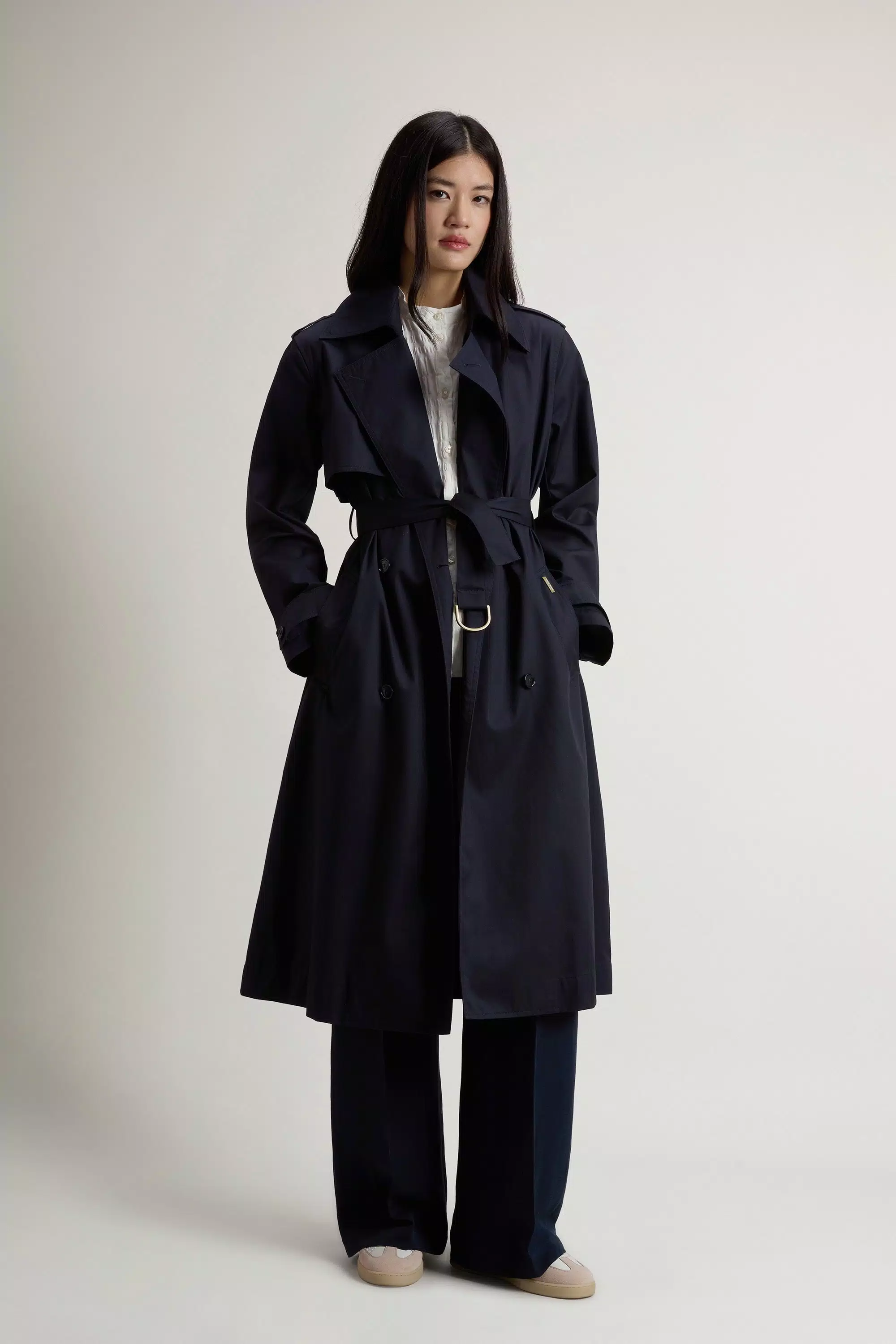 Trench Coat de Botão Duplo em Algodão Puro - Azul Melton