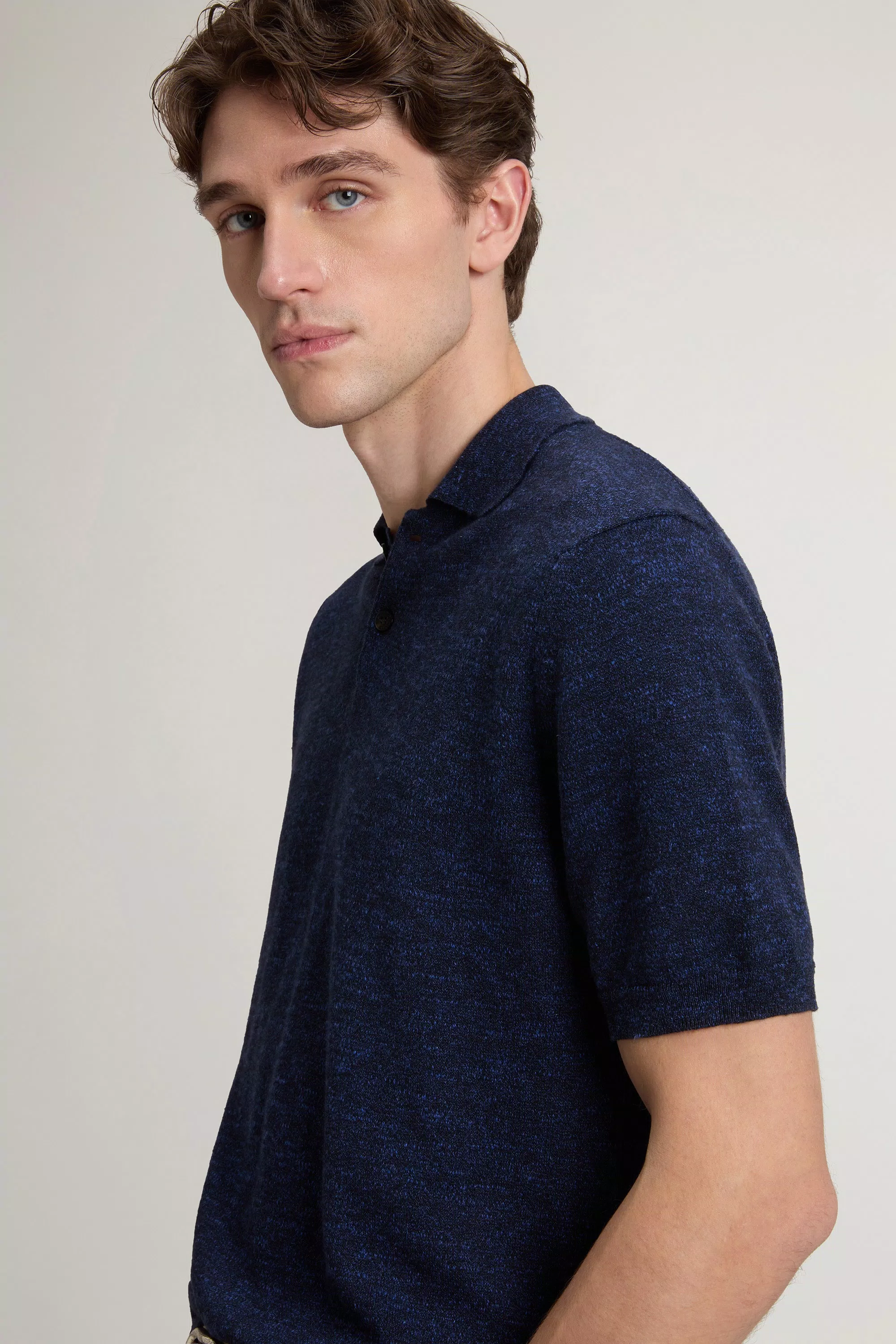 Camisola Polo em Mistura de Algodão e Linho Tecido - Melton Azul Melange