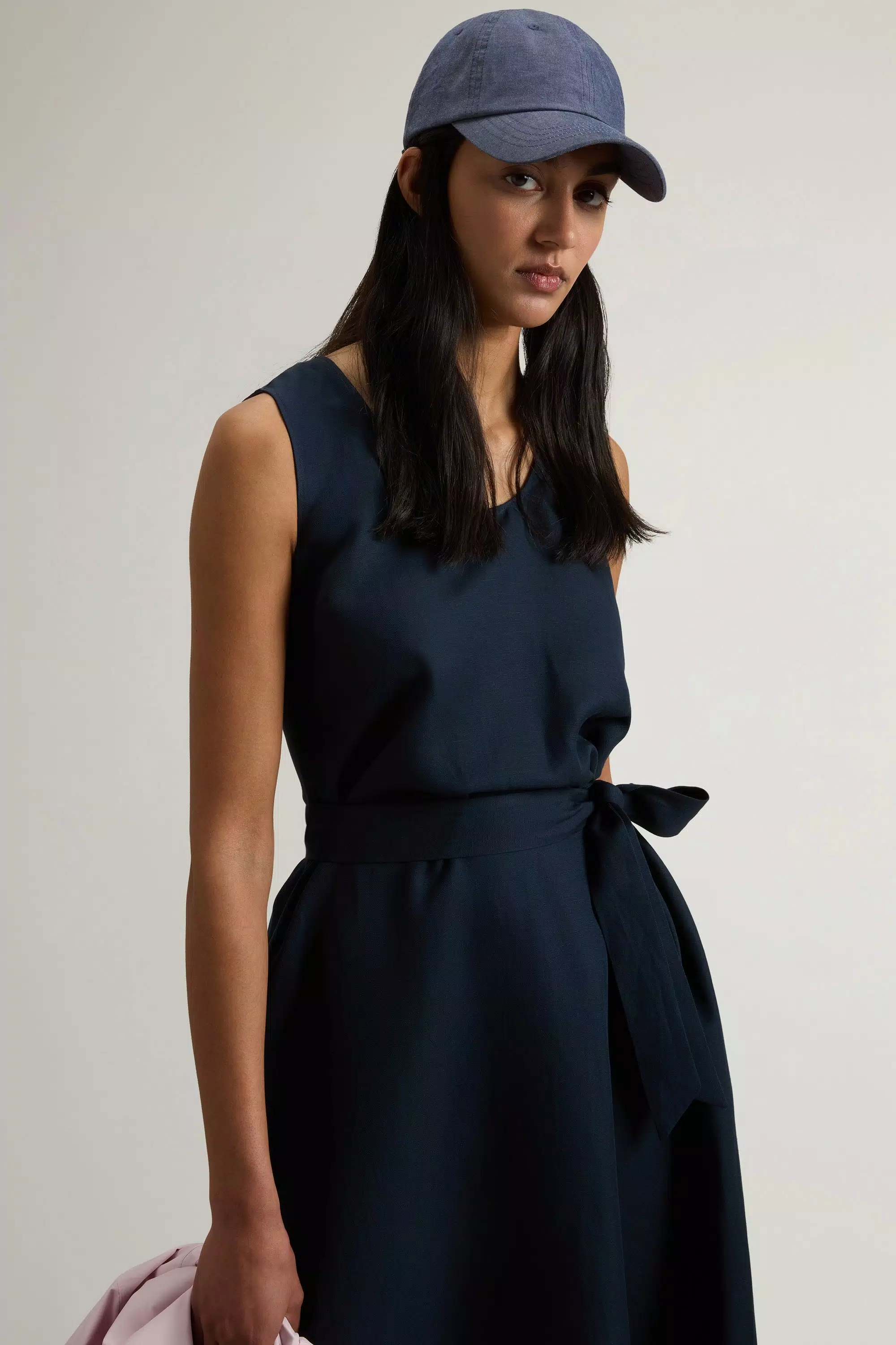 Vestido sem mangas em Mistura de Linho com Cinto - Azul Melton