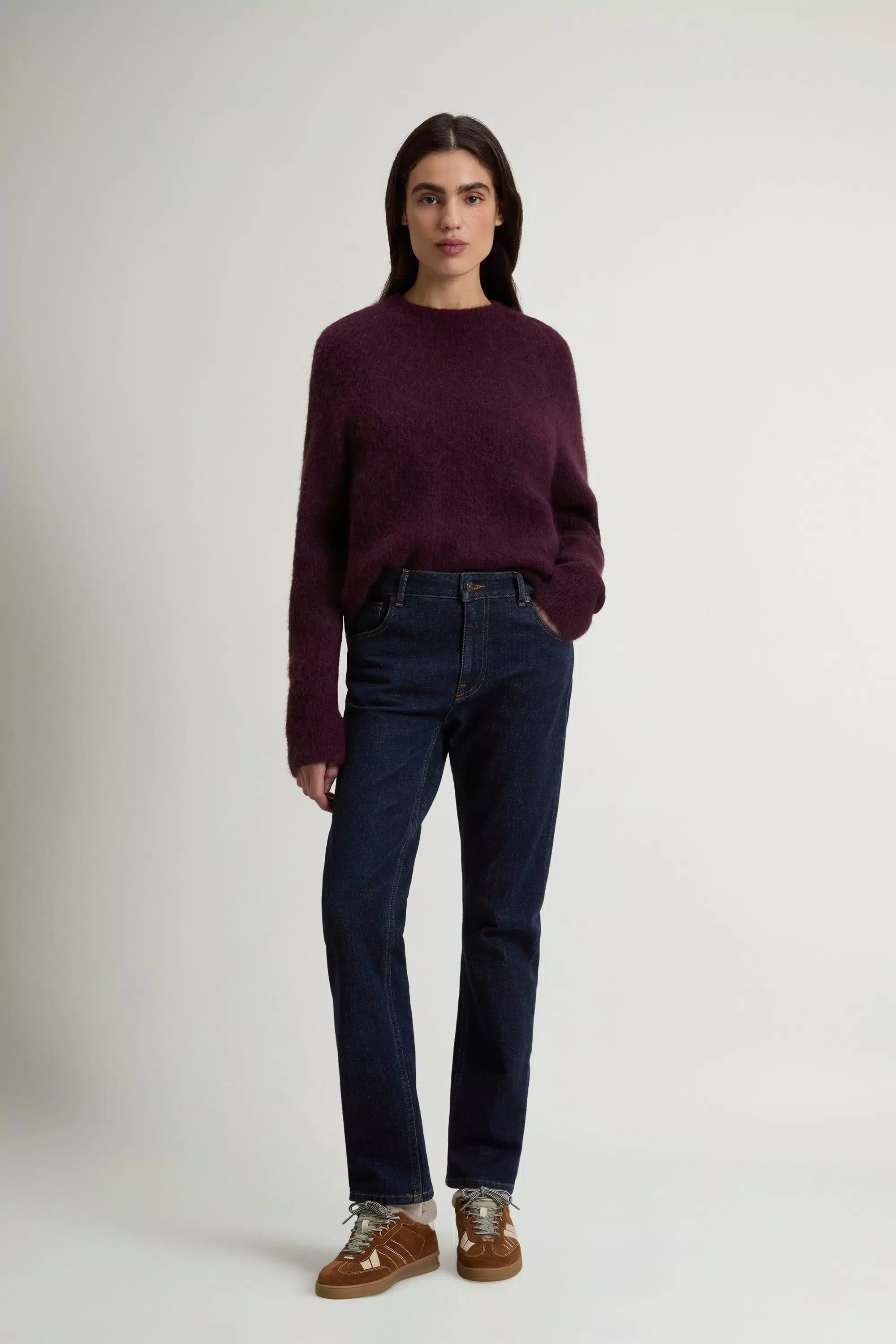 Calças de Cinco Bolsos em Jeans de Algodão Elástico - Lavagem Rinse