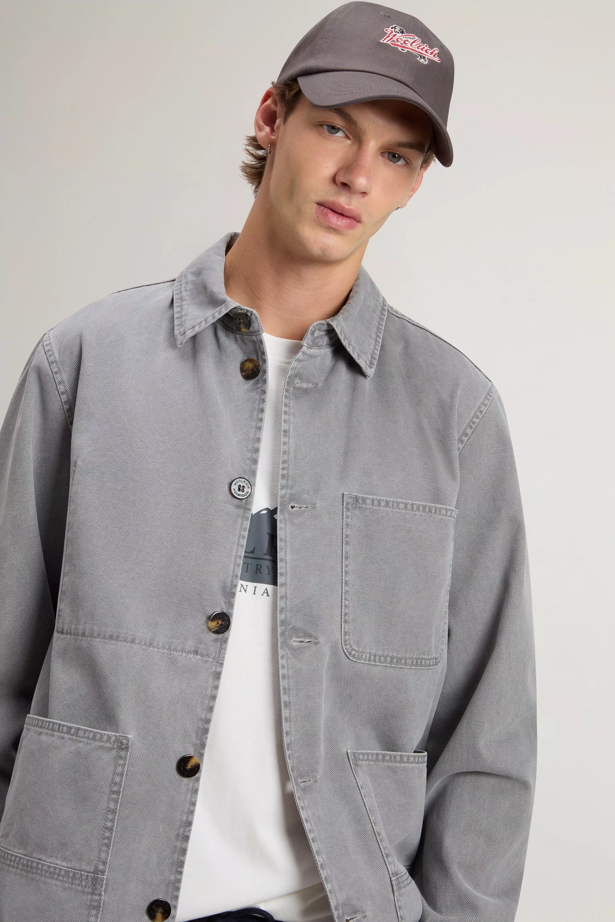 Camisa de Trabalho Overshirt em Gabardina de Algodão Puro Revestido com Resina - Cinza Marinho