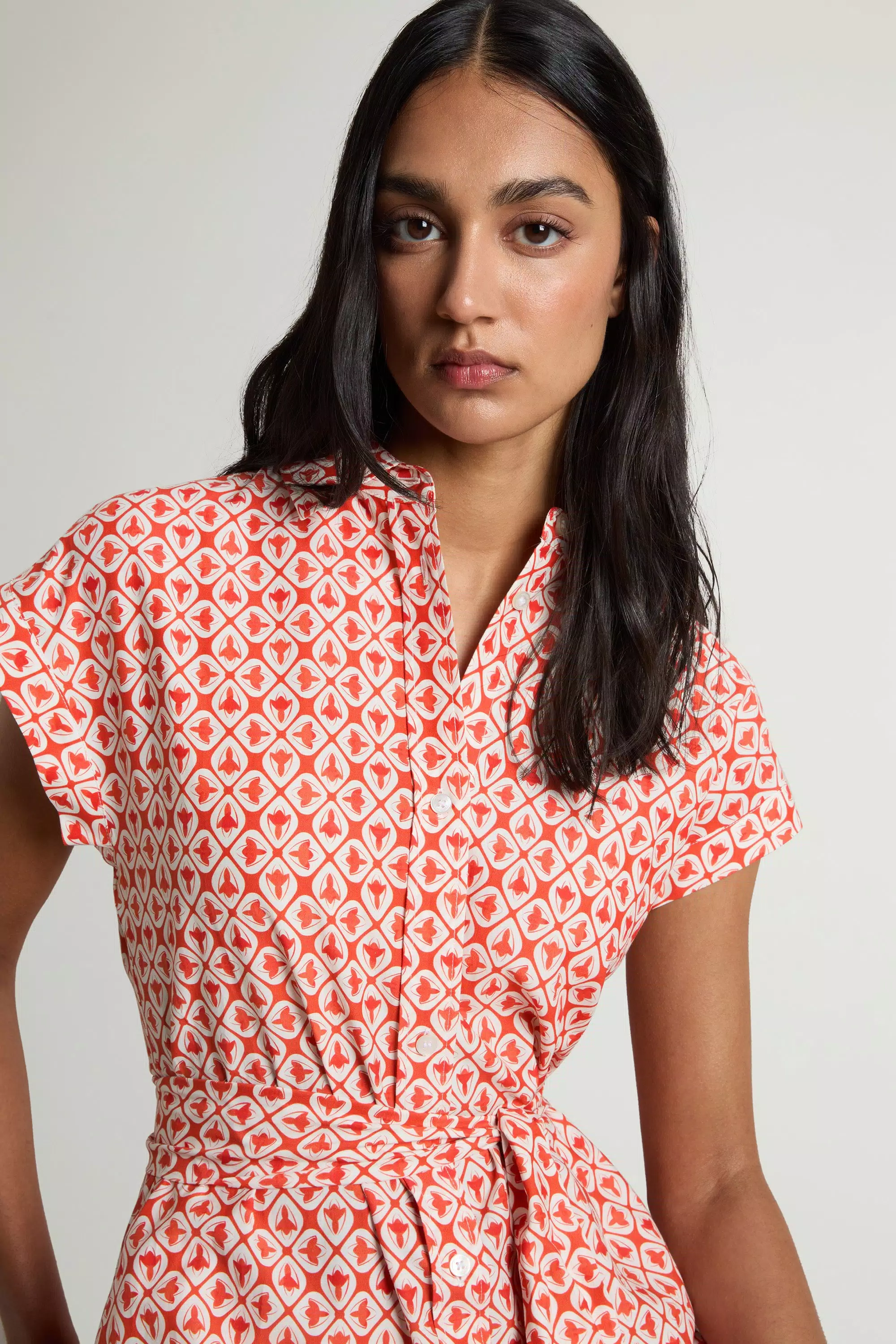 Vestido de Camisa em Mistura de Algodão com Cinto - Paprika Tile Bloom