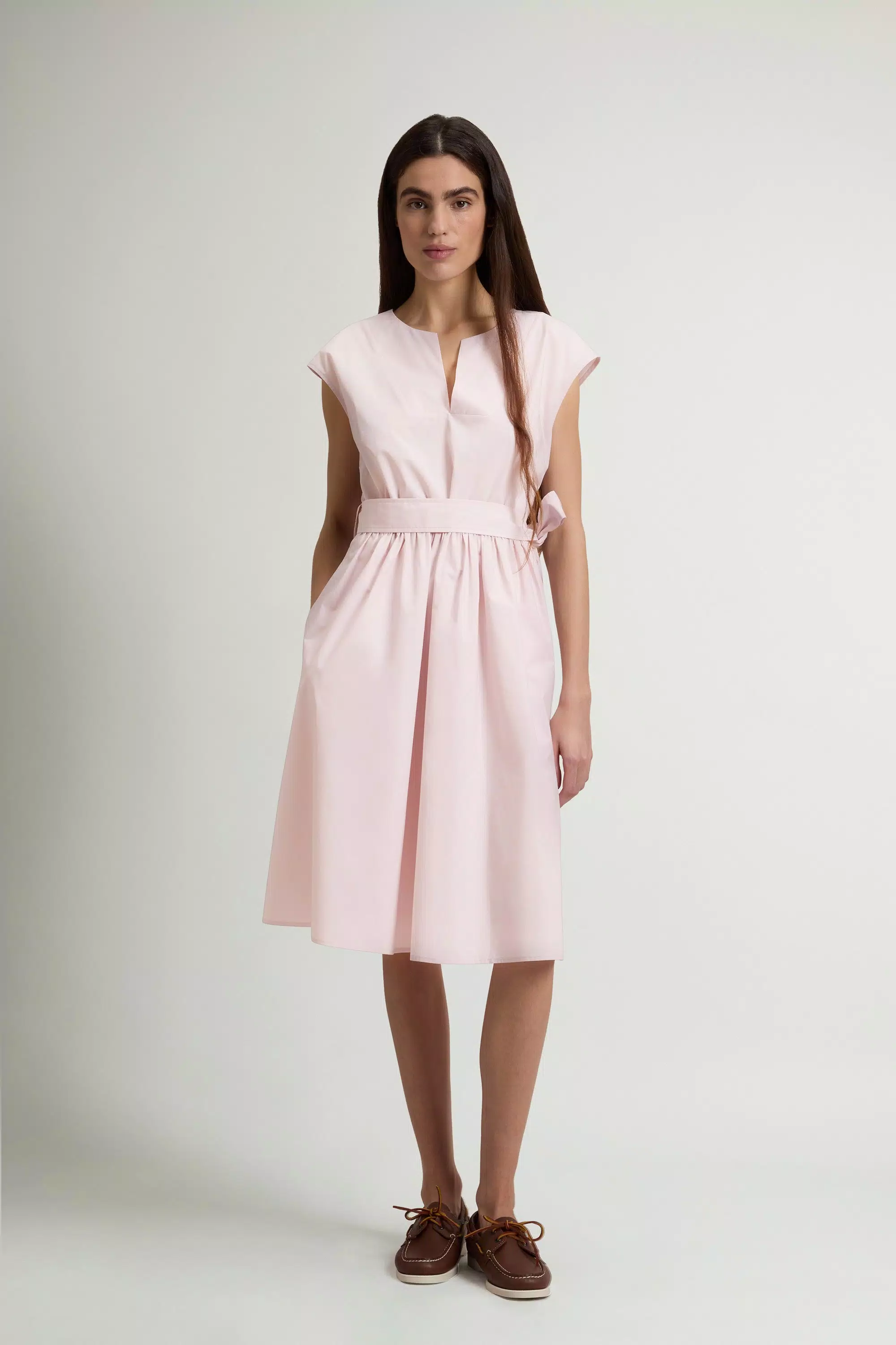 Vestido de Popeline de Algodão Puro com Cinto - Lilás Claro