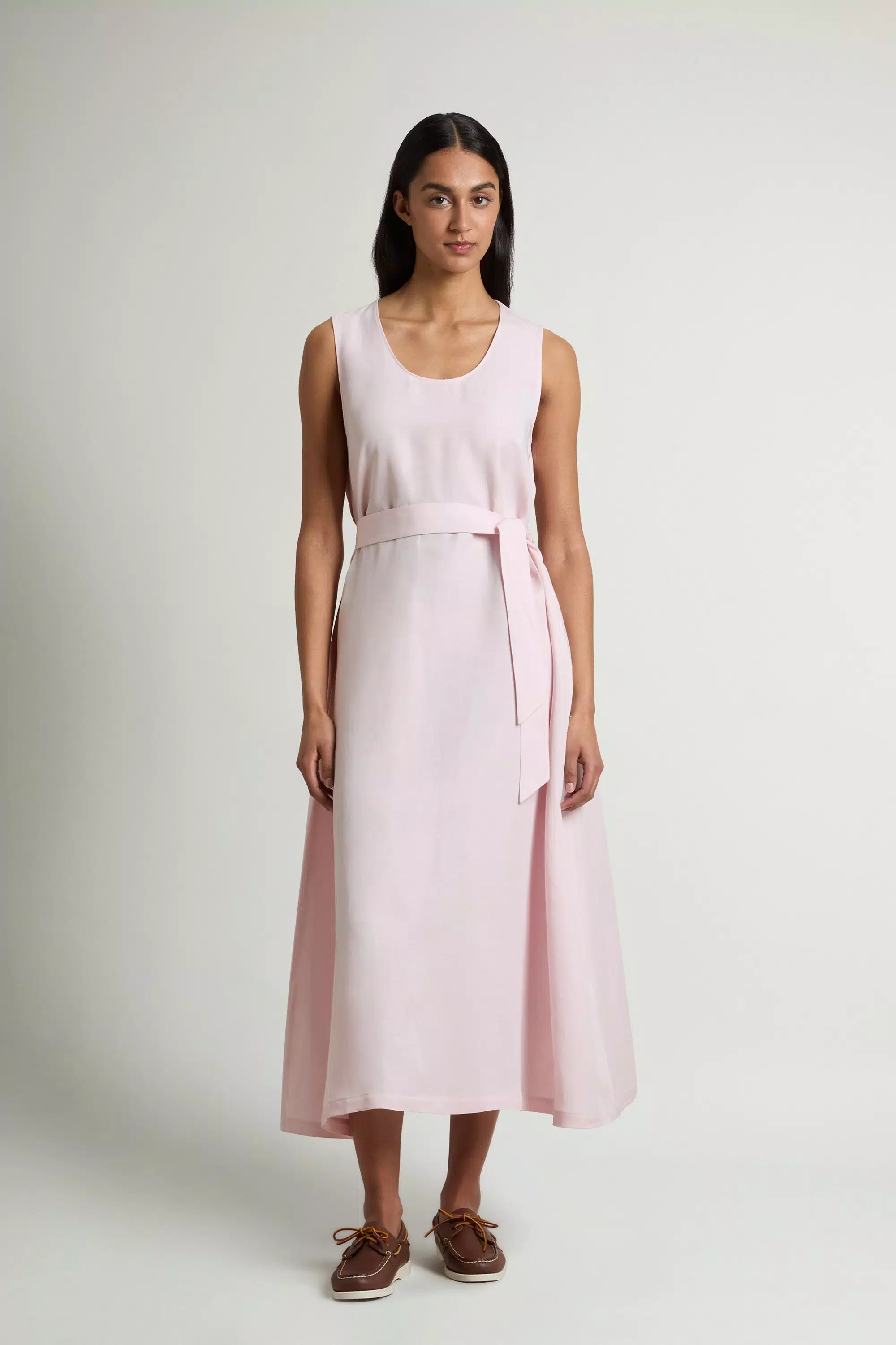Vestido sem mangas em Mistura de Linho com Cinto - Lilás Claro