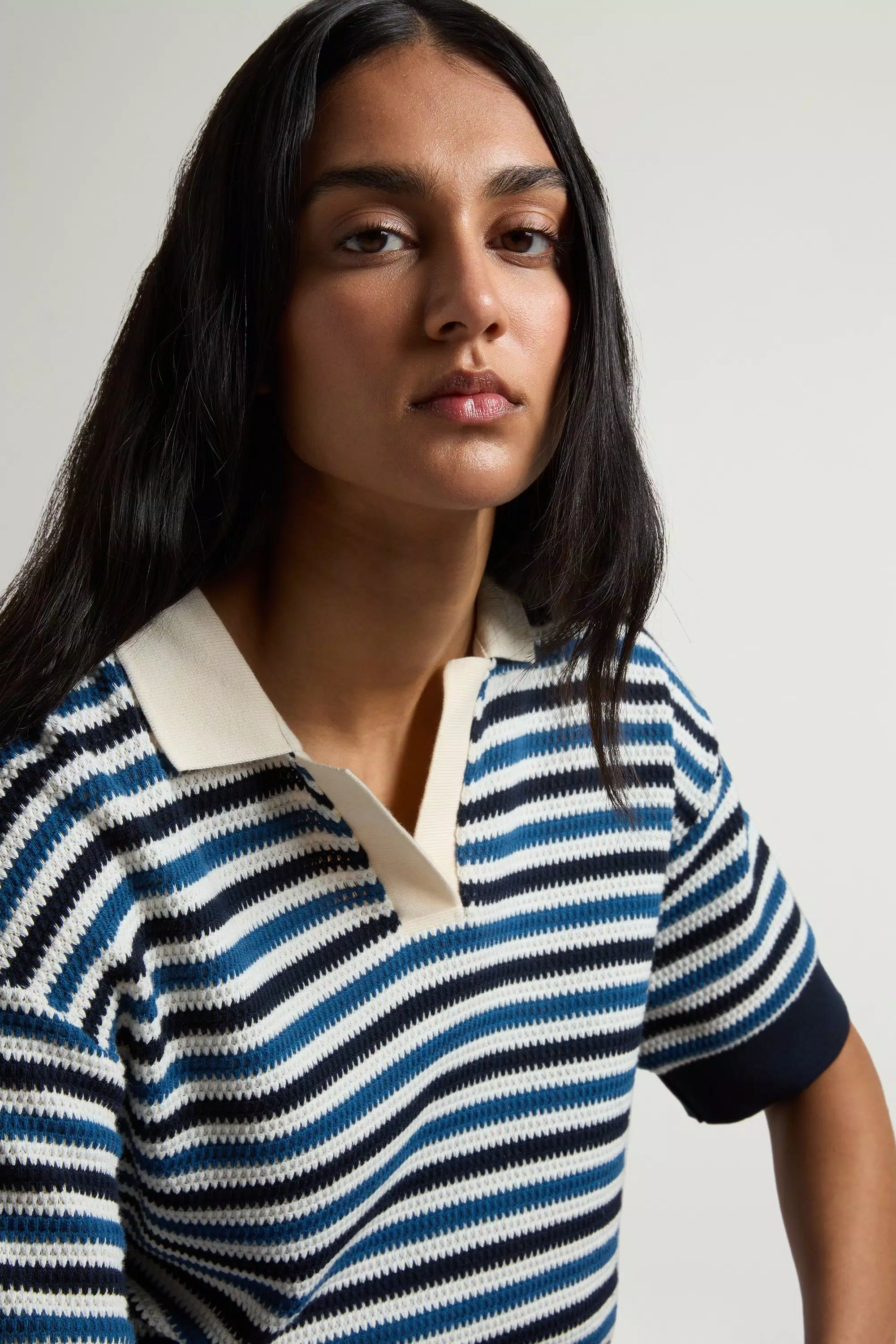 Camisa Polo em Mistura de Algodão Listrada - Listra Azul Melton