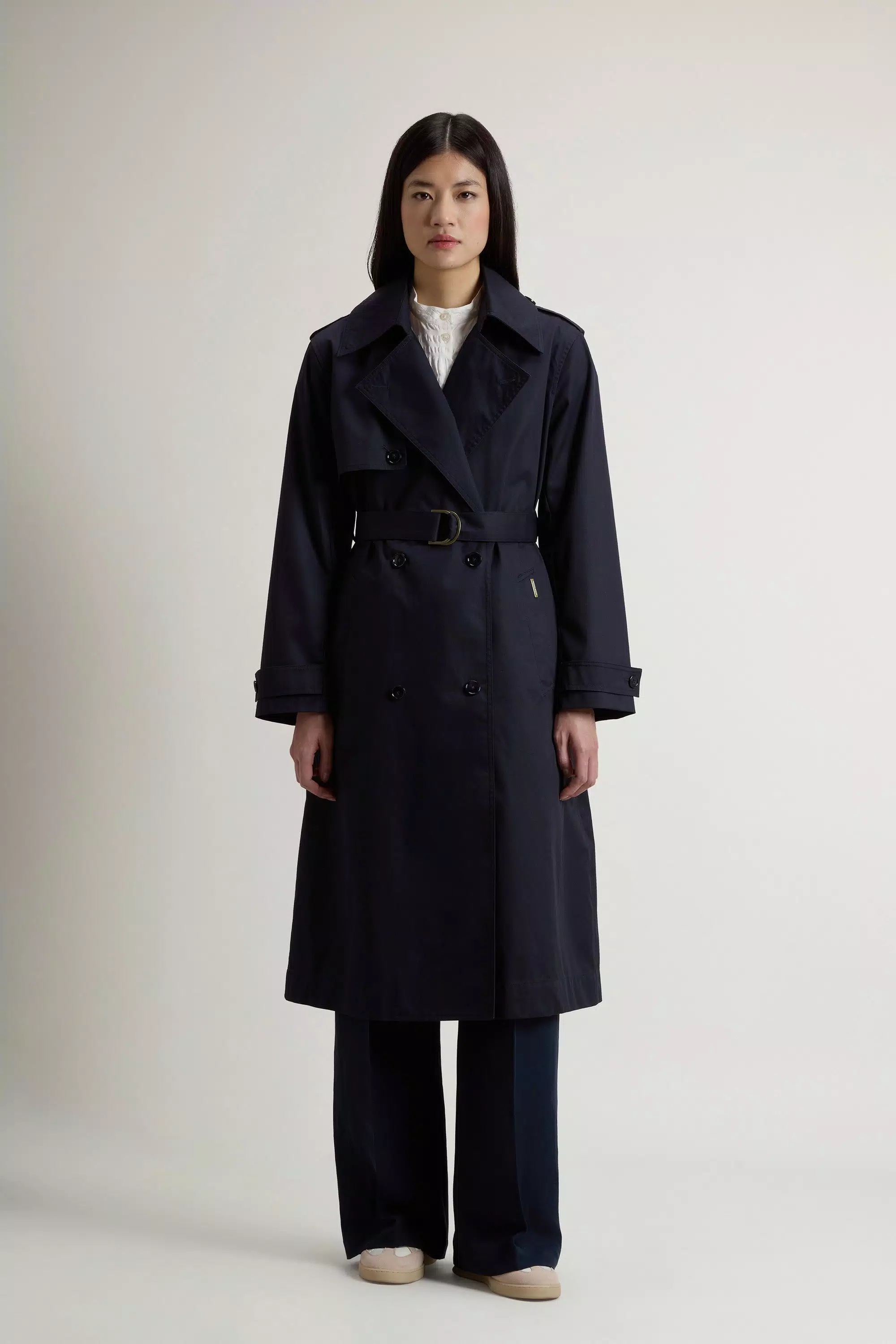 Trench Coat de Botão Duplo em Algodão Puro - Azul Melton