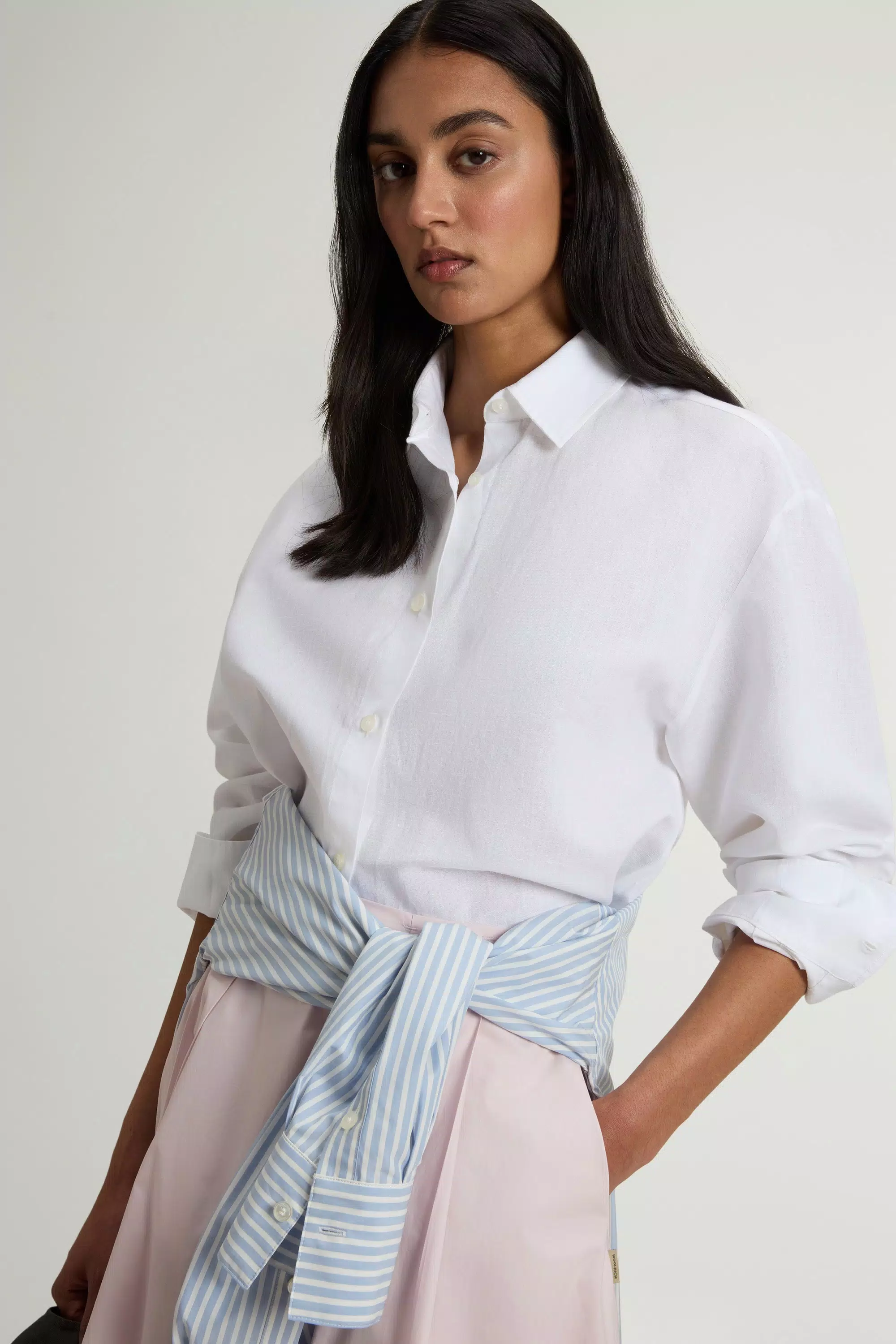 Camisa Boyfriend em Mistura de Algodão e Linho - Branco Oxford