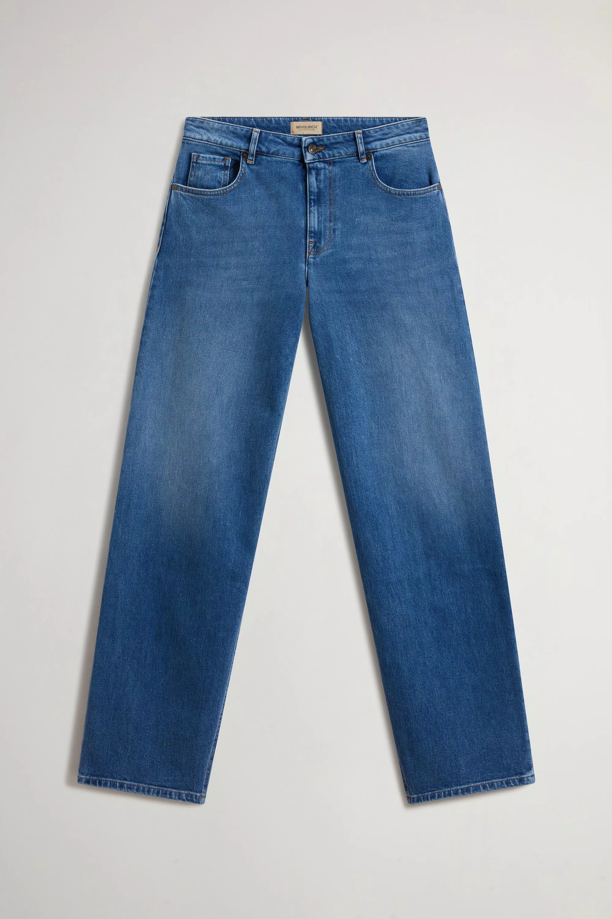 Calças Jeans de Cinco Bolsos com Pernas Largas em Denim de Algodão Elástico - Lavagem Pedra