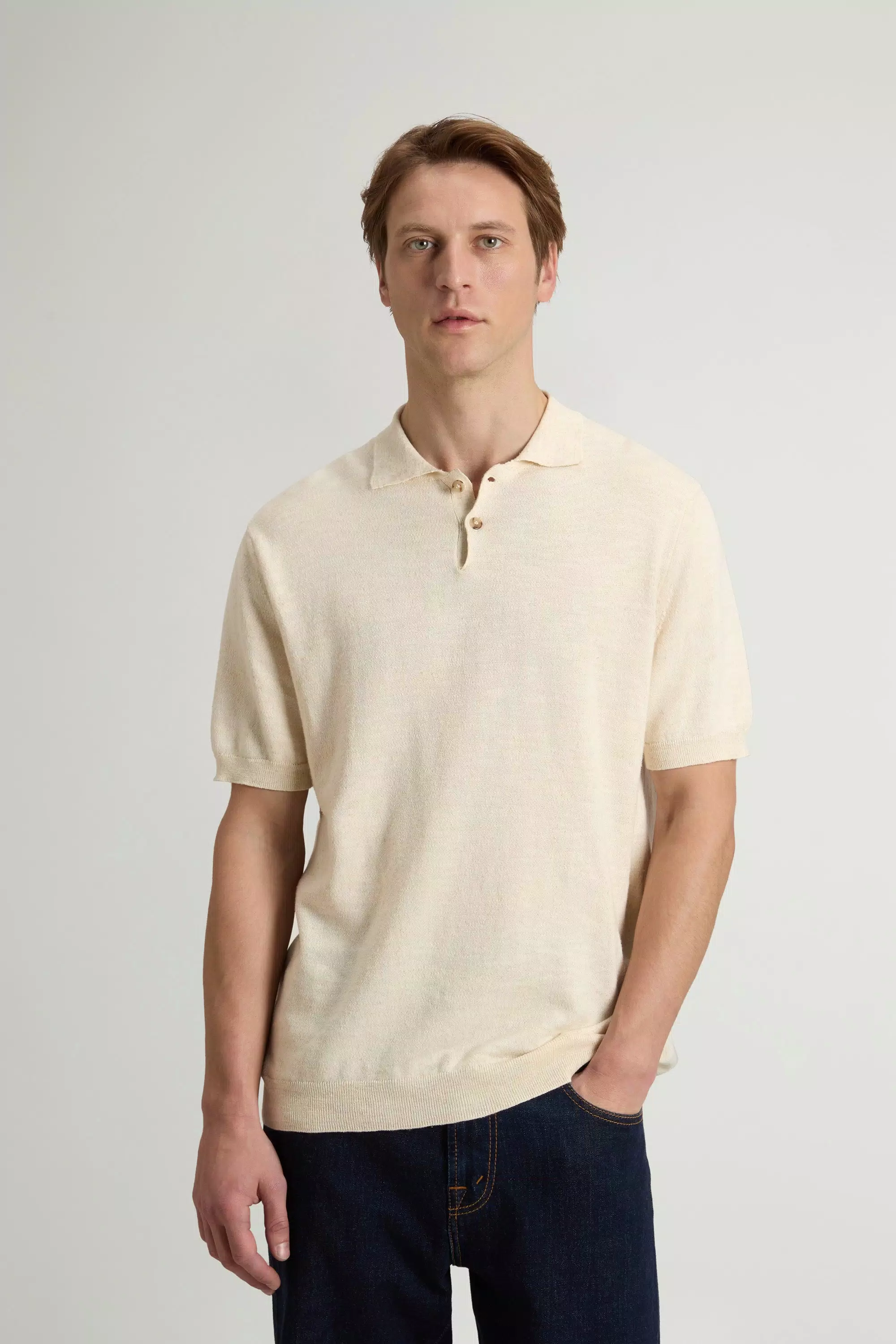 Camisola Polo em Mistura de Algodão e Linho Tecido - Melange Creme Leite