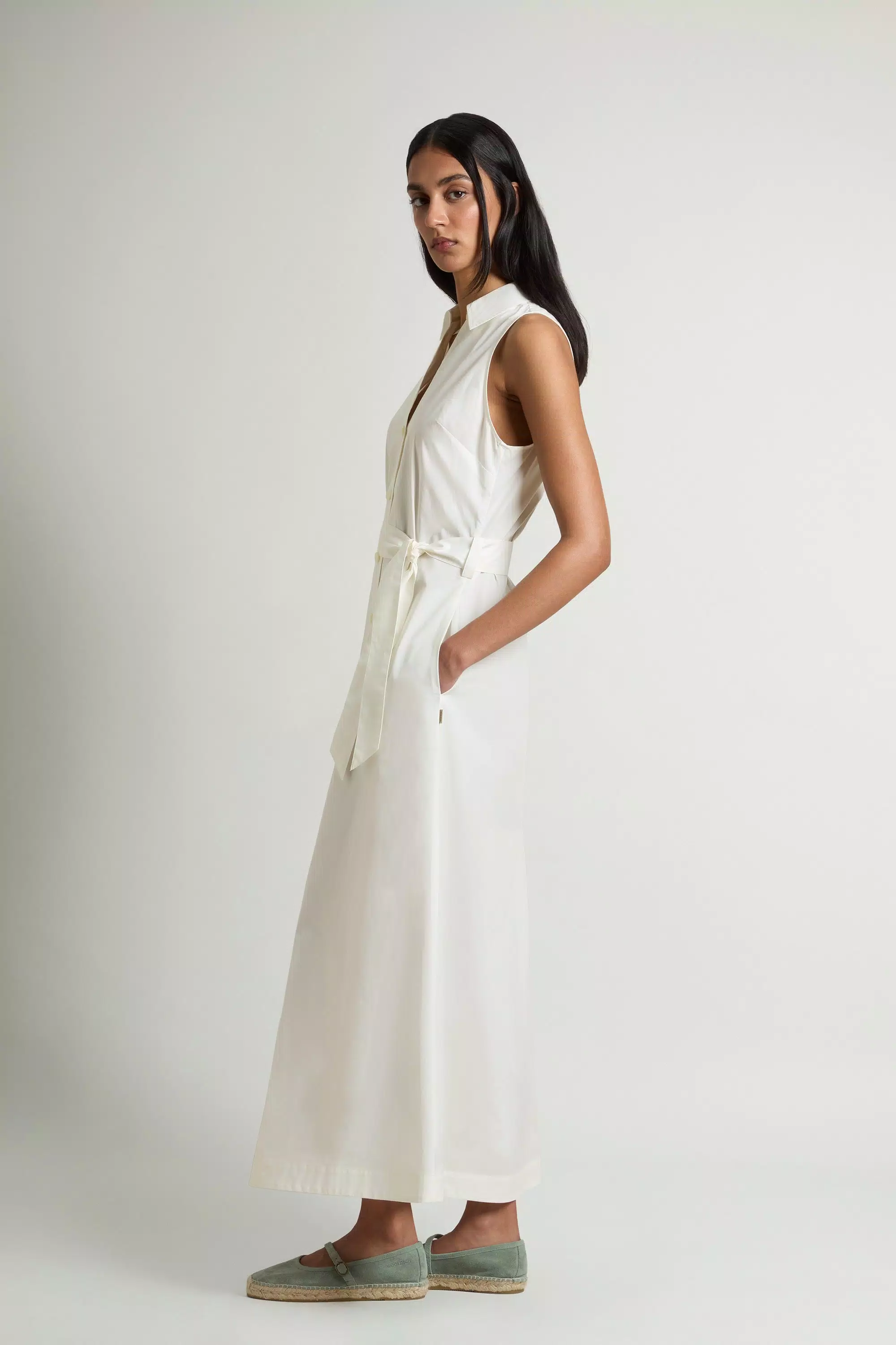 Vestido de Camisa em Popeline de Algodão Puro com Cinto - Branco Ártico
