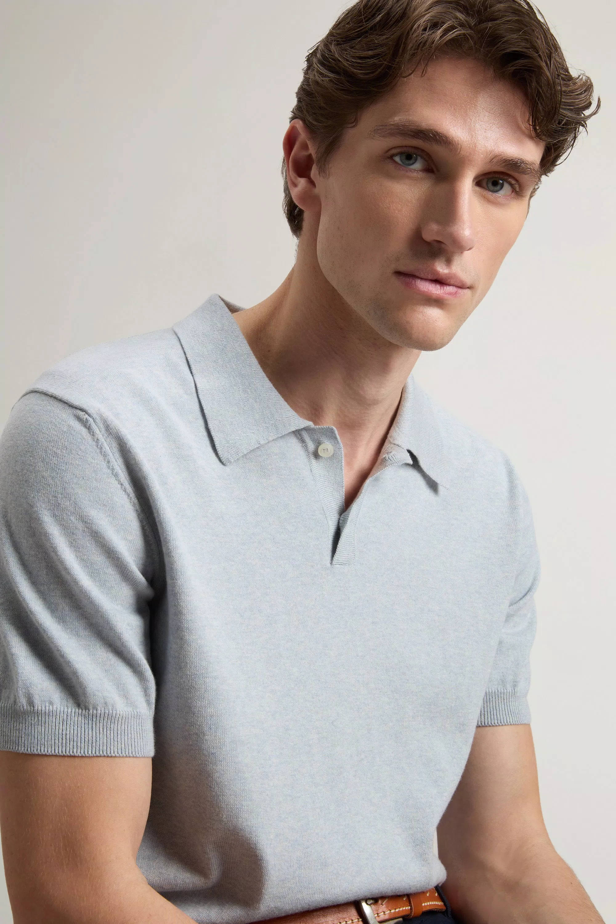 Camisola de Polo em Malha de Algodão 100% Puro - Azul-Claro Melange