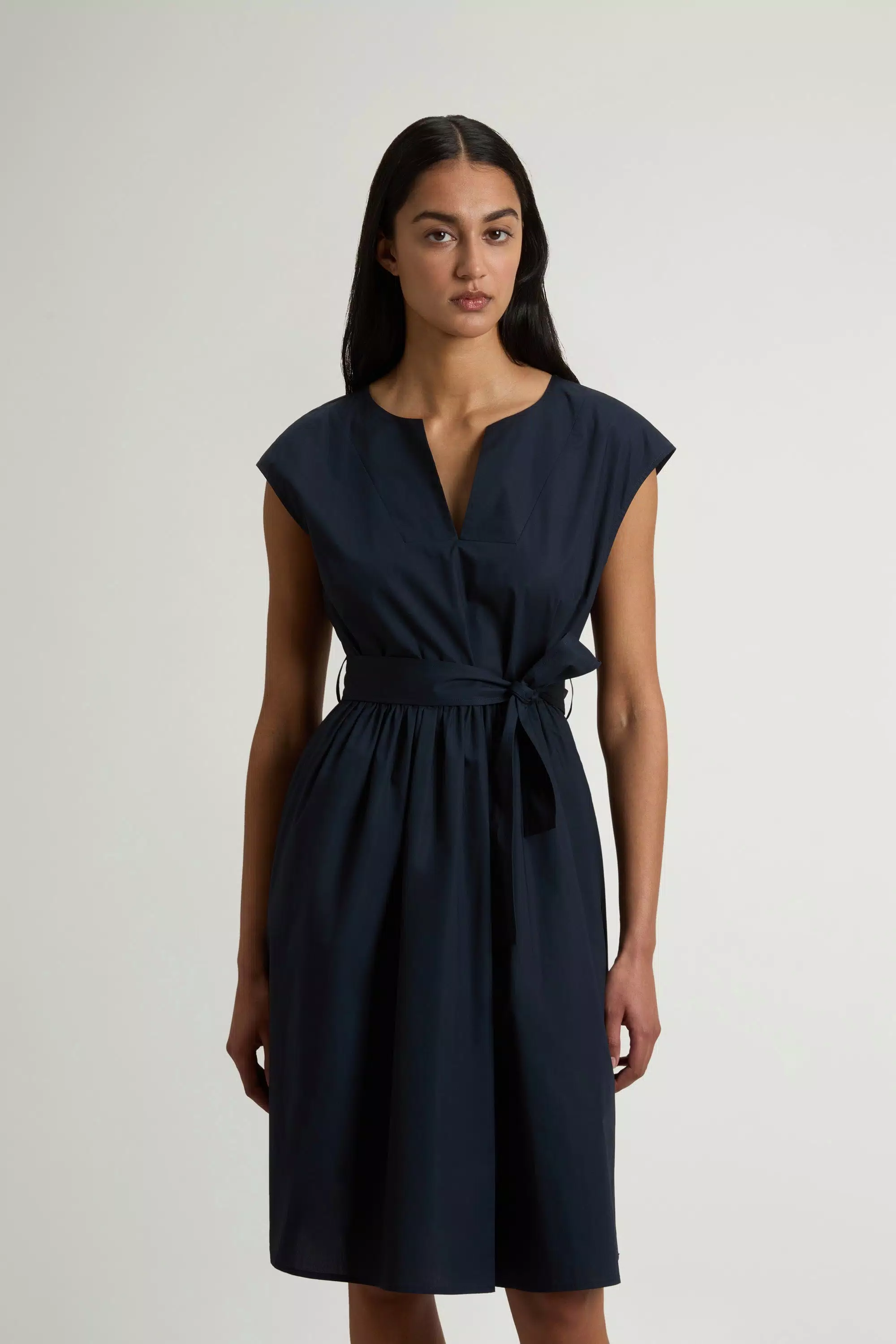 Vestido de Popeline de Algodão Puro com Cinto - Azul Melton