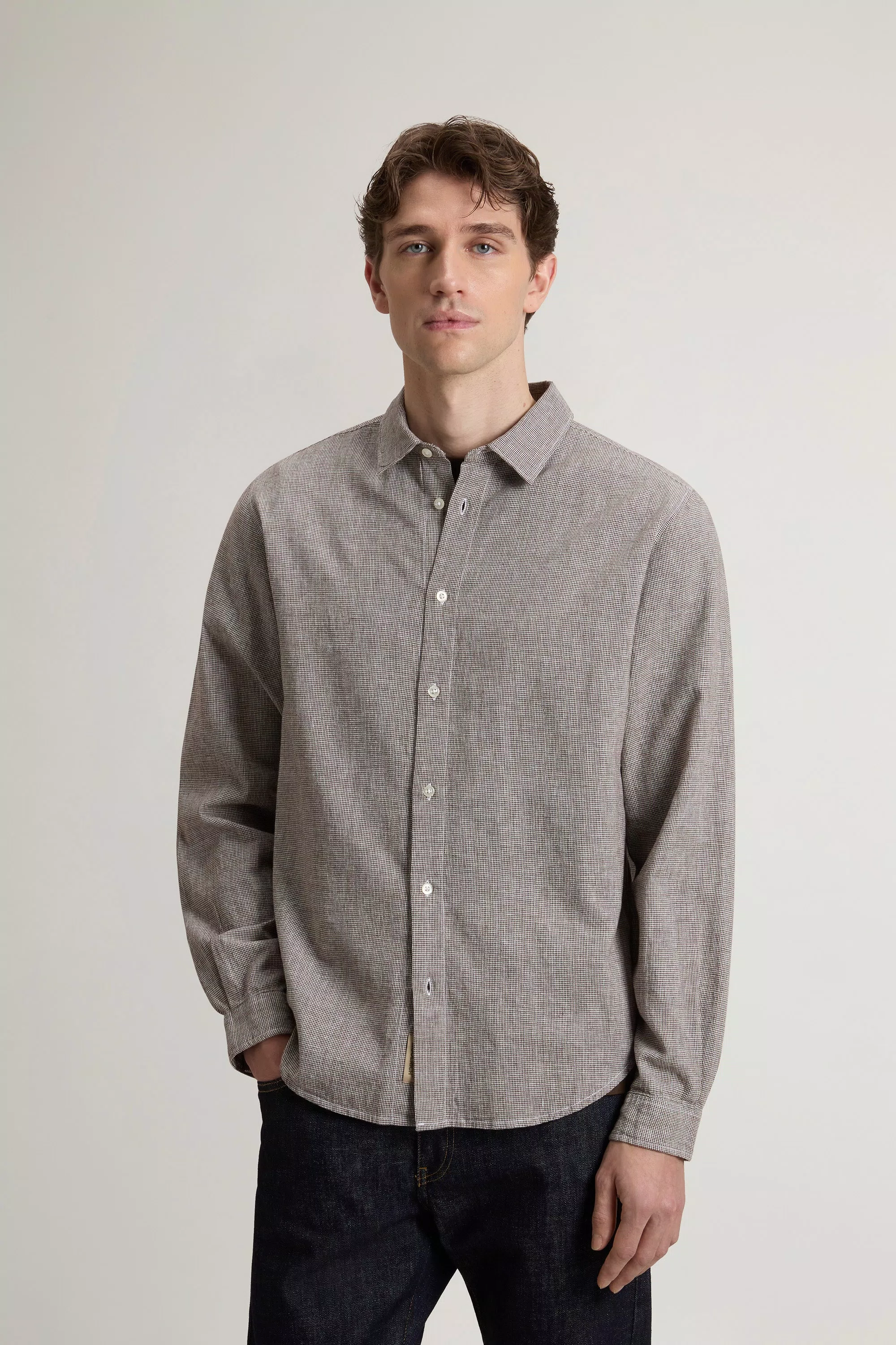 Camisa em Mistura de Algodão e Linho - Xadrez Marrom