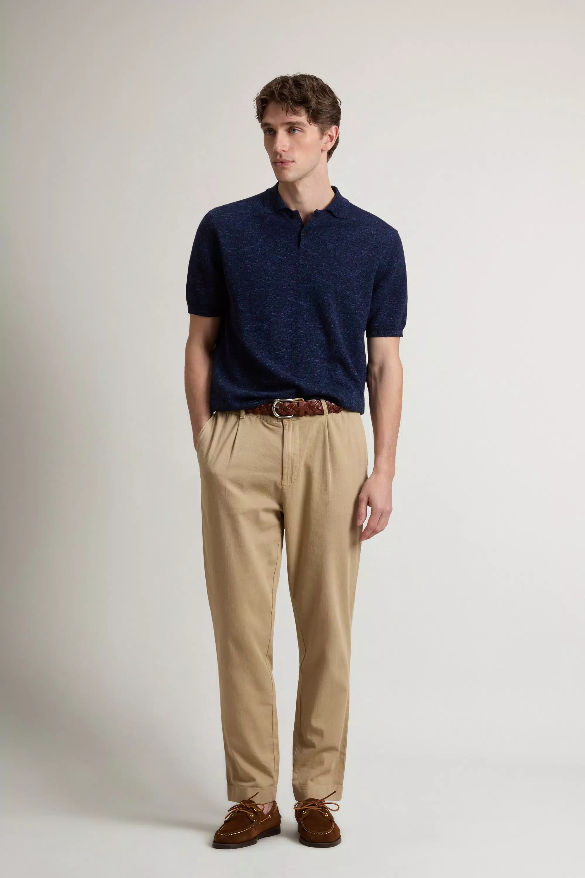 Camisola Polo em Mistura de Algodão e Linho Tecido - Melton Azul Melange