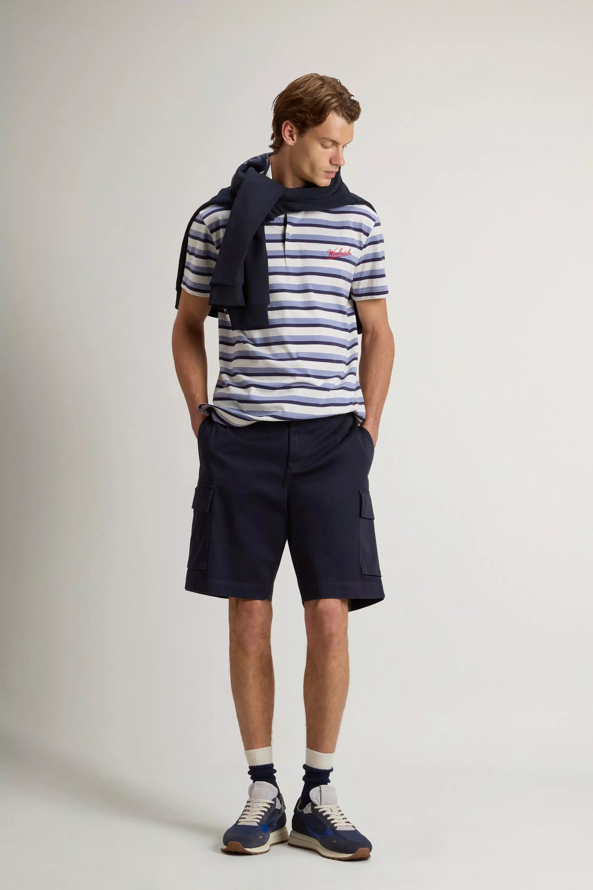 Camisa Polo em Malha de Algodão Melange com Listras - Listras Azuis