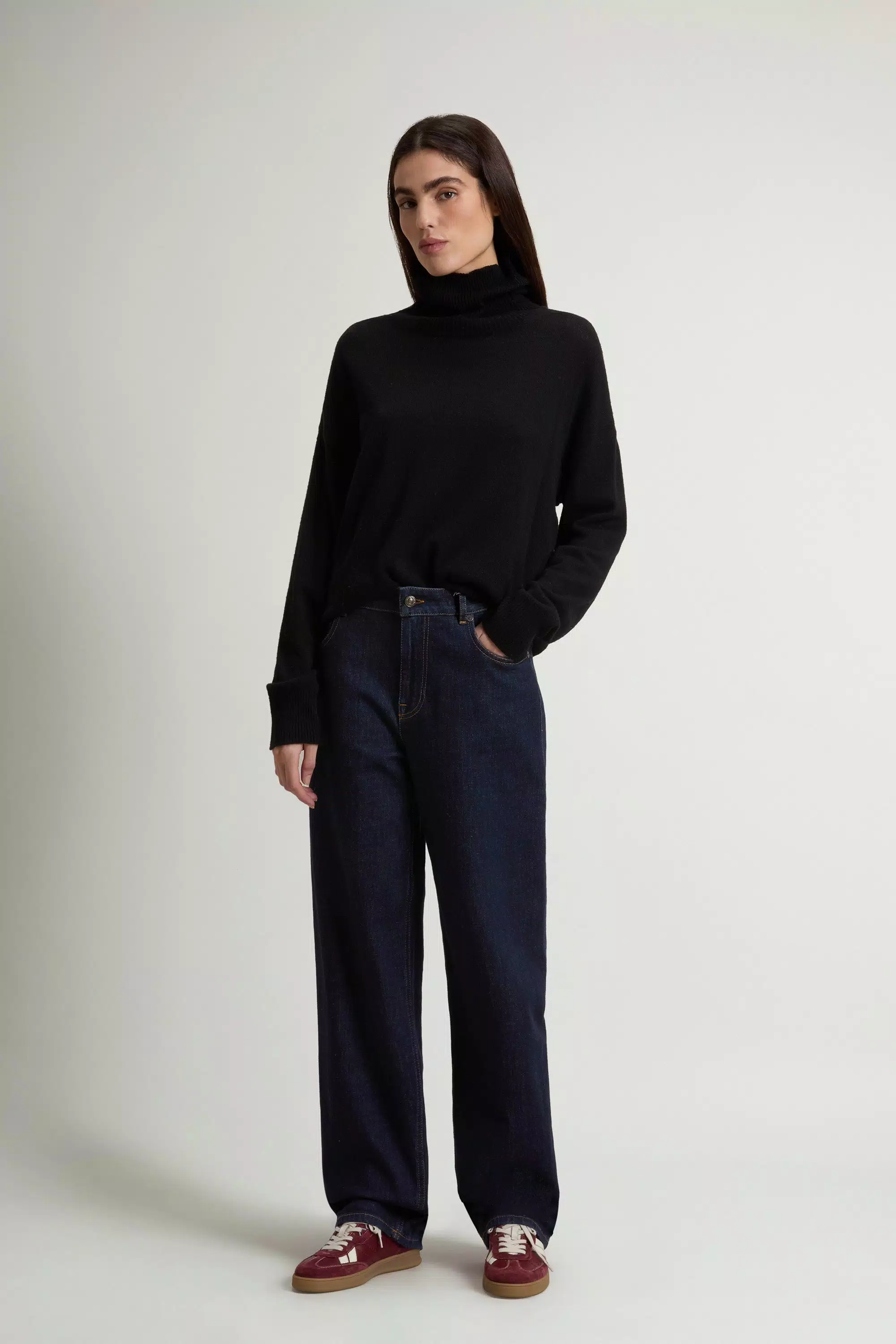 Calças Jeans de Cinco Bolsos com Pernas Largas em Denim de Algodão Elástico - Lavagem Rinse